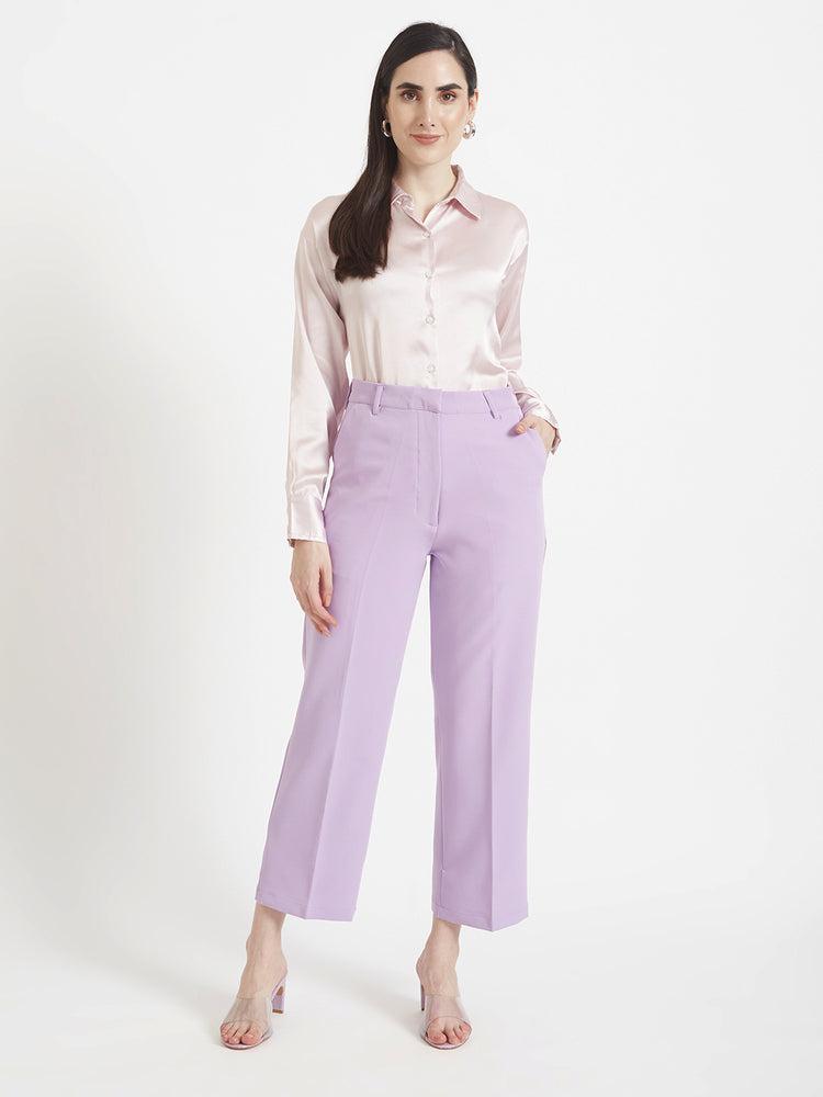 Women's Premium Light Pink Regular Fit Solid Satin shirt With Lilac Straight Fit Trouser