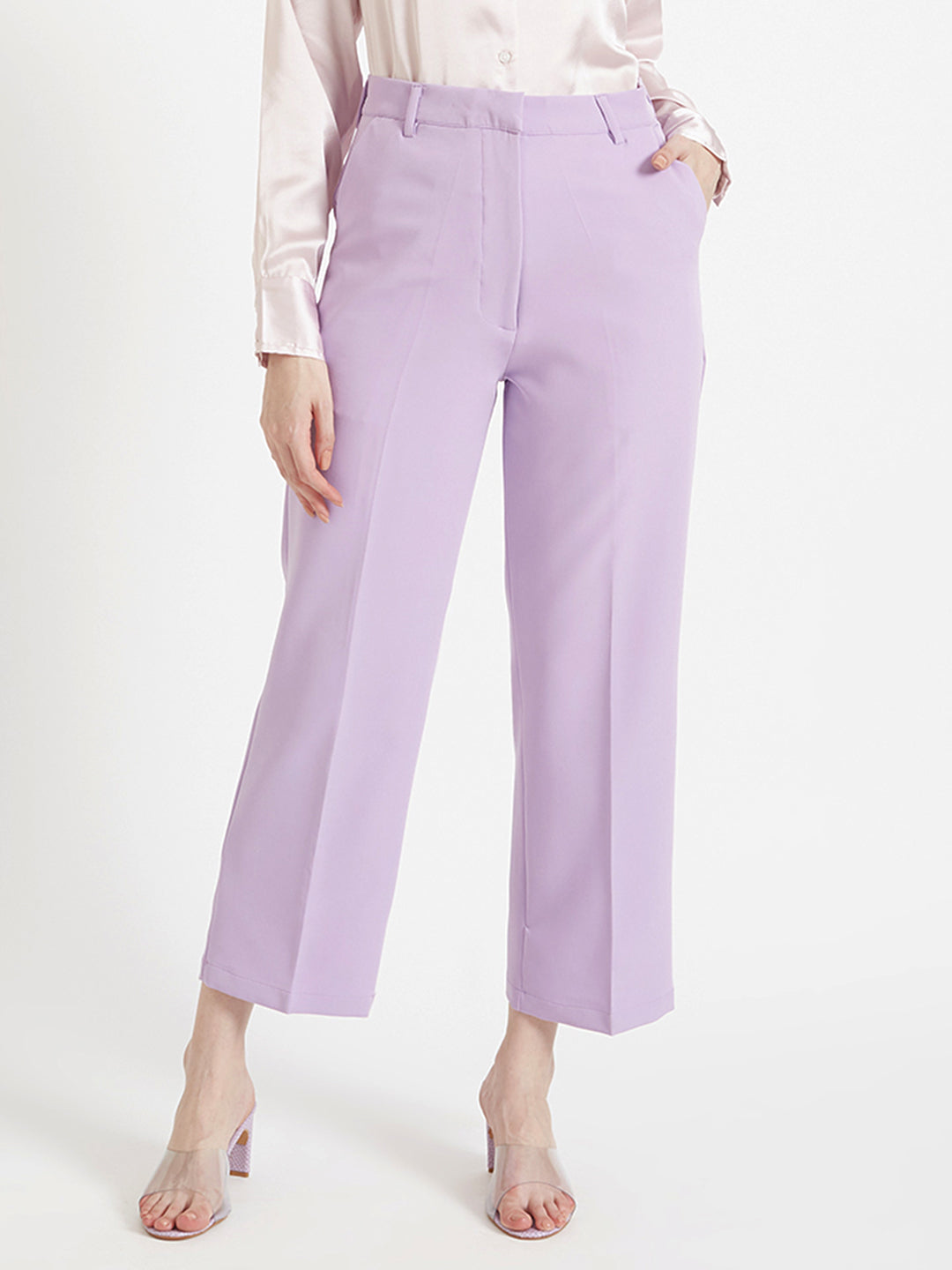 WOMEN'S LUXURY BANANA CREPE LILAC STRAIGHT FIT WITH FLAP POCKET TROUSER