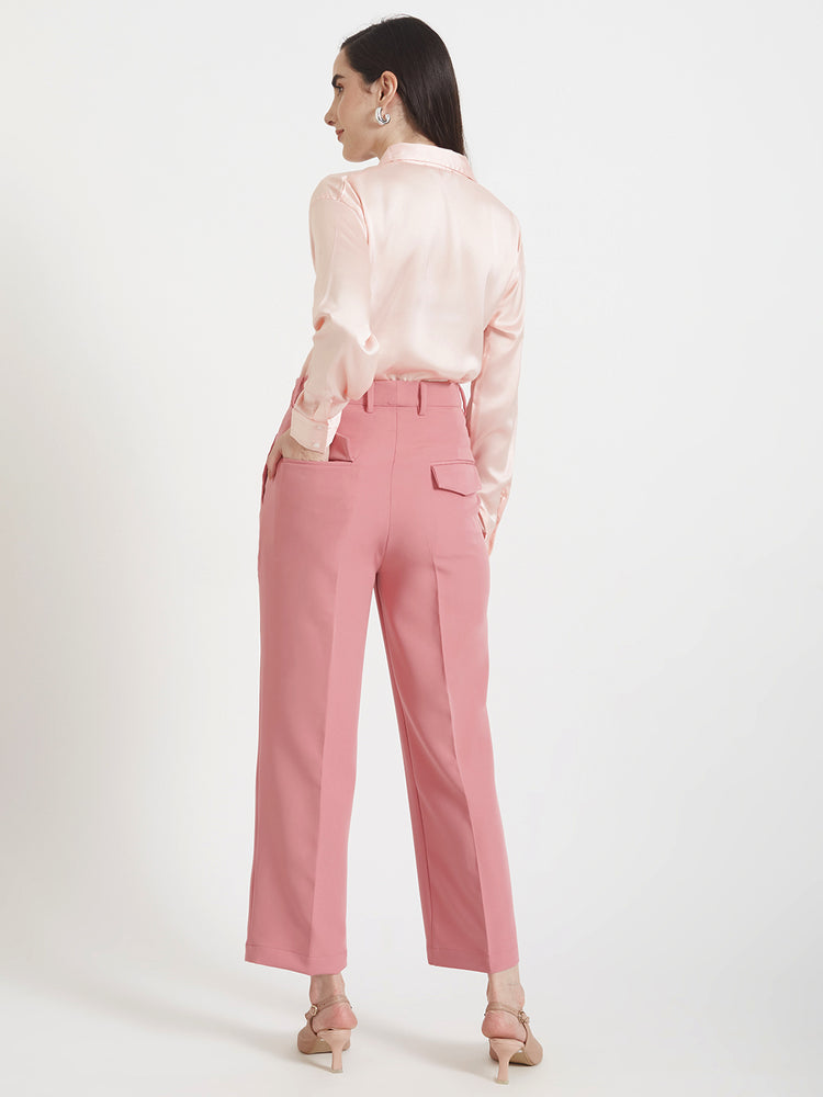 Women's Premium Soft Pink Drop Shoulder Oversized Satin Shirt With Blush Pink Straight Fit Trouser