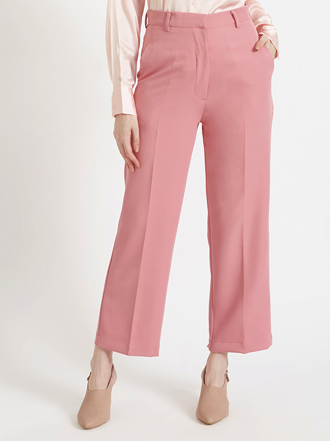 WOMEN'S LUXURY BANANA CREPE FRENCH ROSE STRAIGHT FIT WITH FLAP POCKET TROUSER