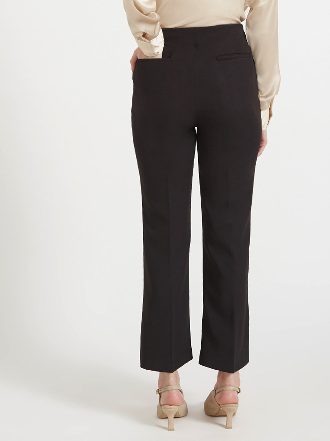 Women'S Luxury Banana Crepe Black Flared Trouser Slash Pocket