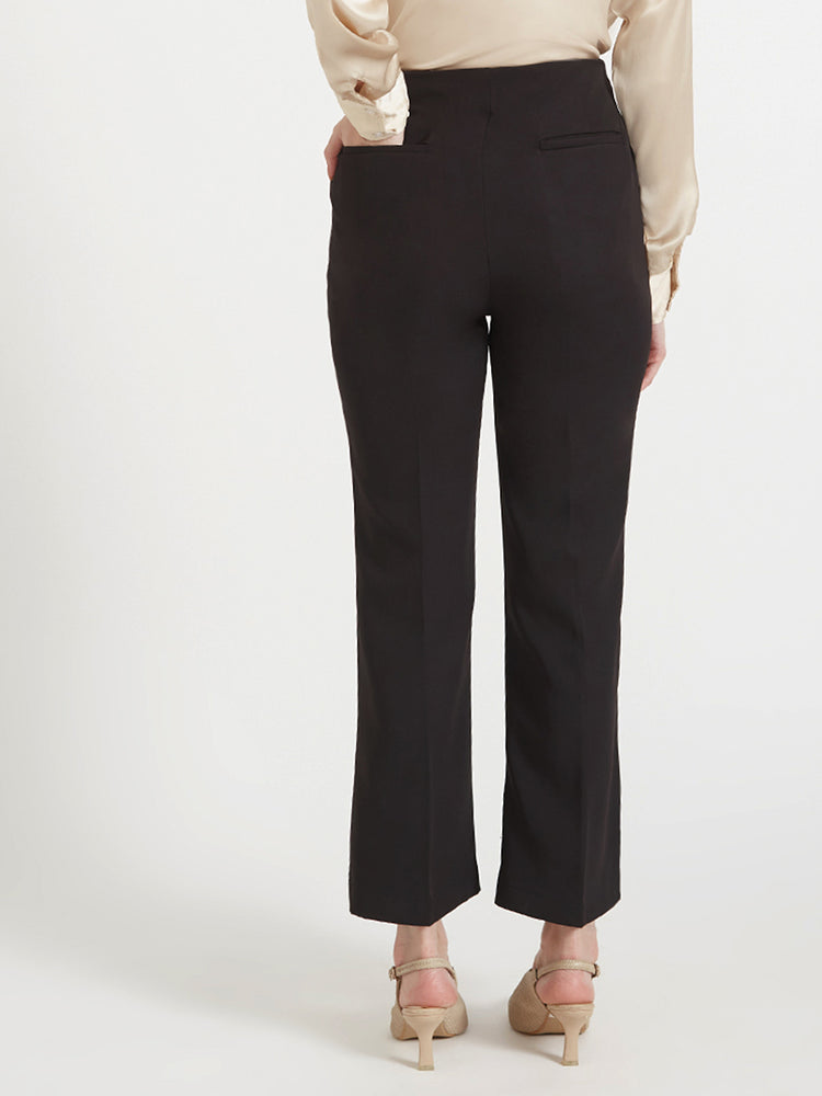 Women'S Luxury Banana Crepe Black Flared Trouser Slash Pocket