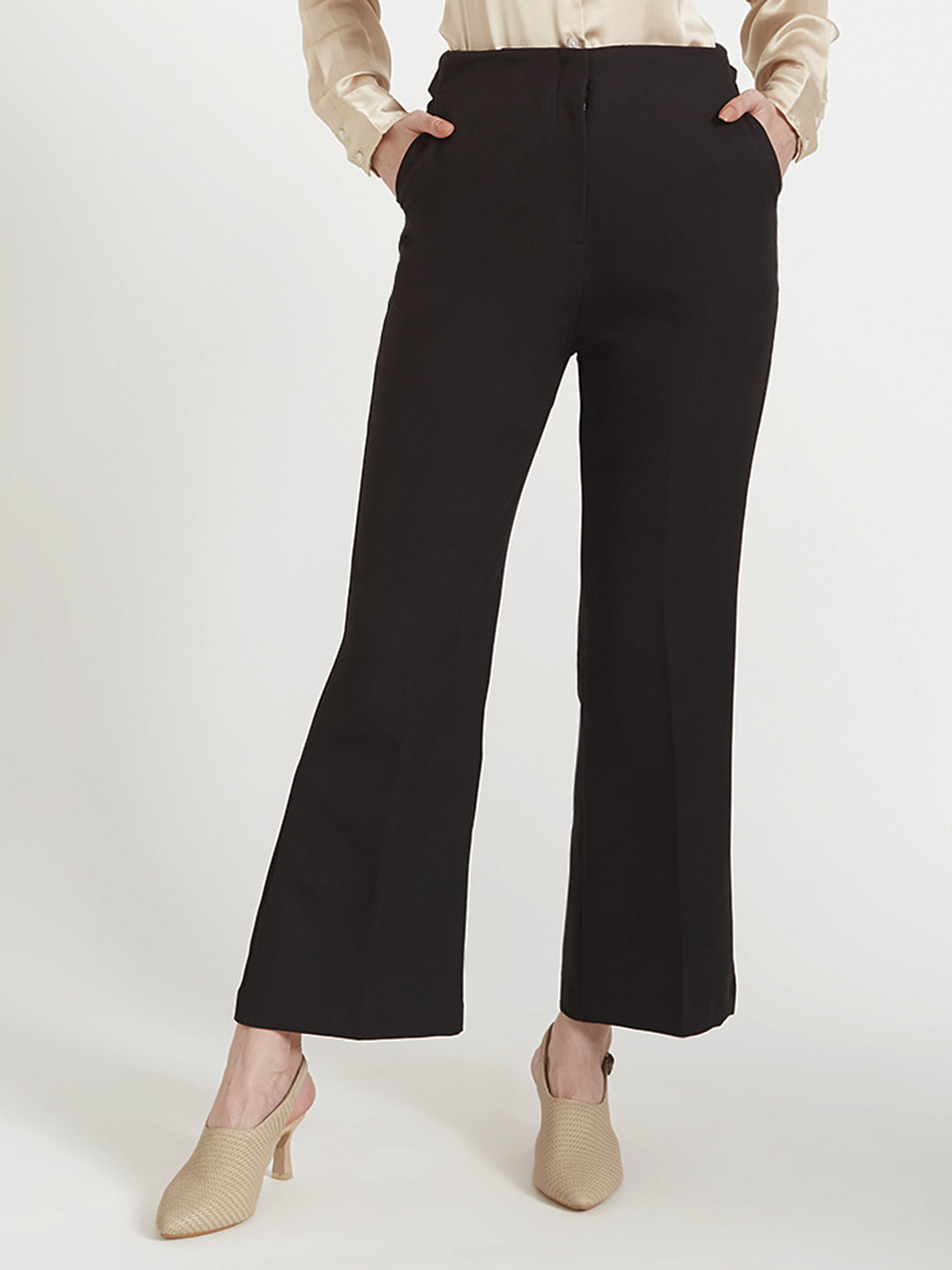 WOMEN'S LUXURY BANANA CREPE BLACK FLARED TROUSER WITH SLASH POCKET