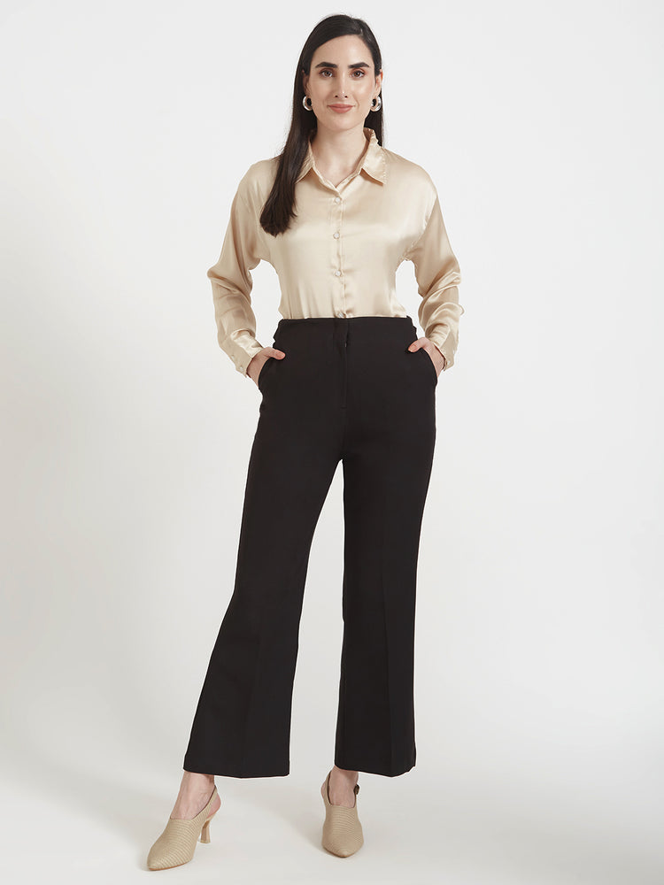 Women'S Luxury Banana Crepe Black Flared Trouser Slash Pocket
