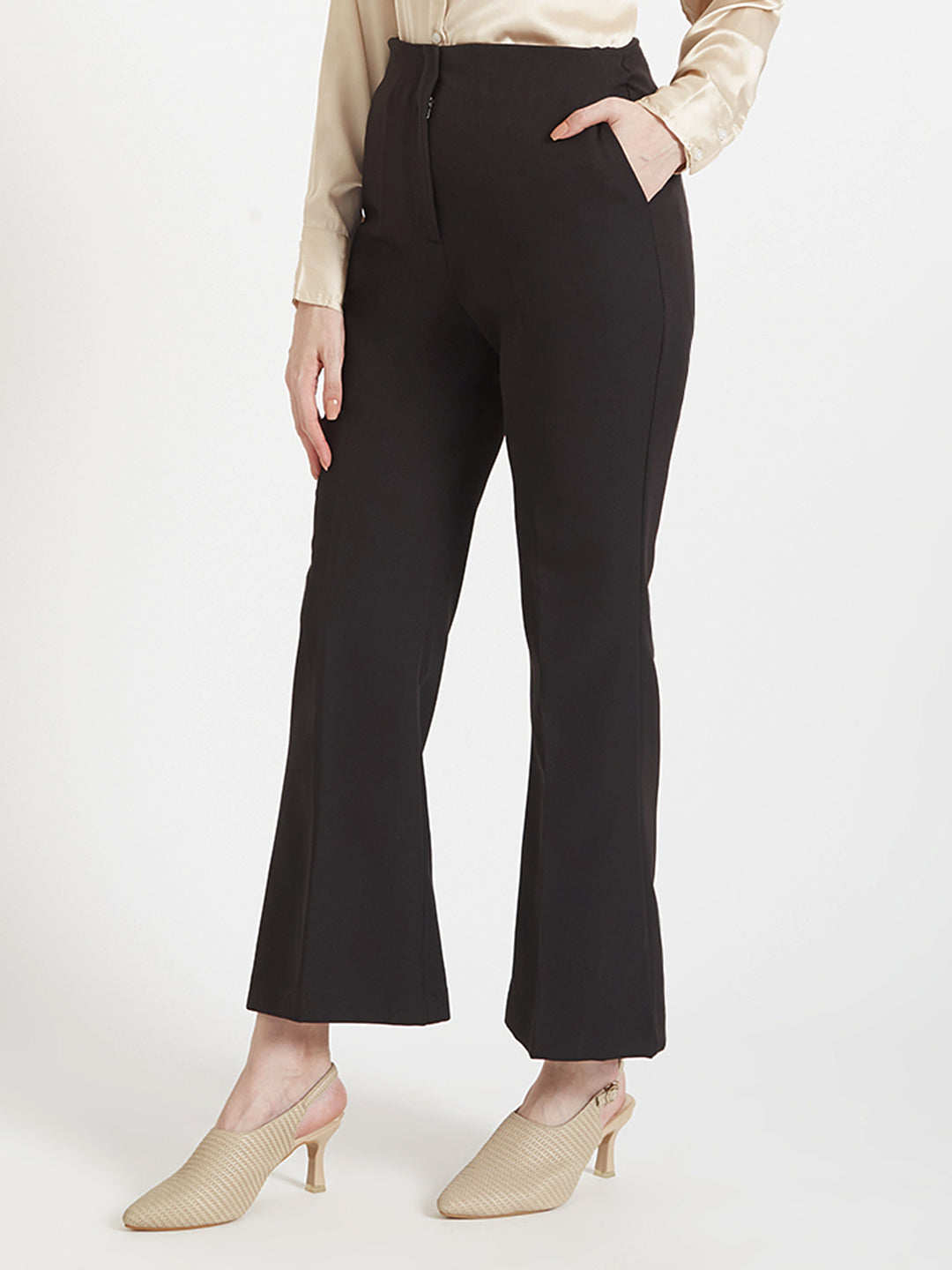Women'S Luxury Banana Crepe Black Flared Trouser Slash Pocket