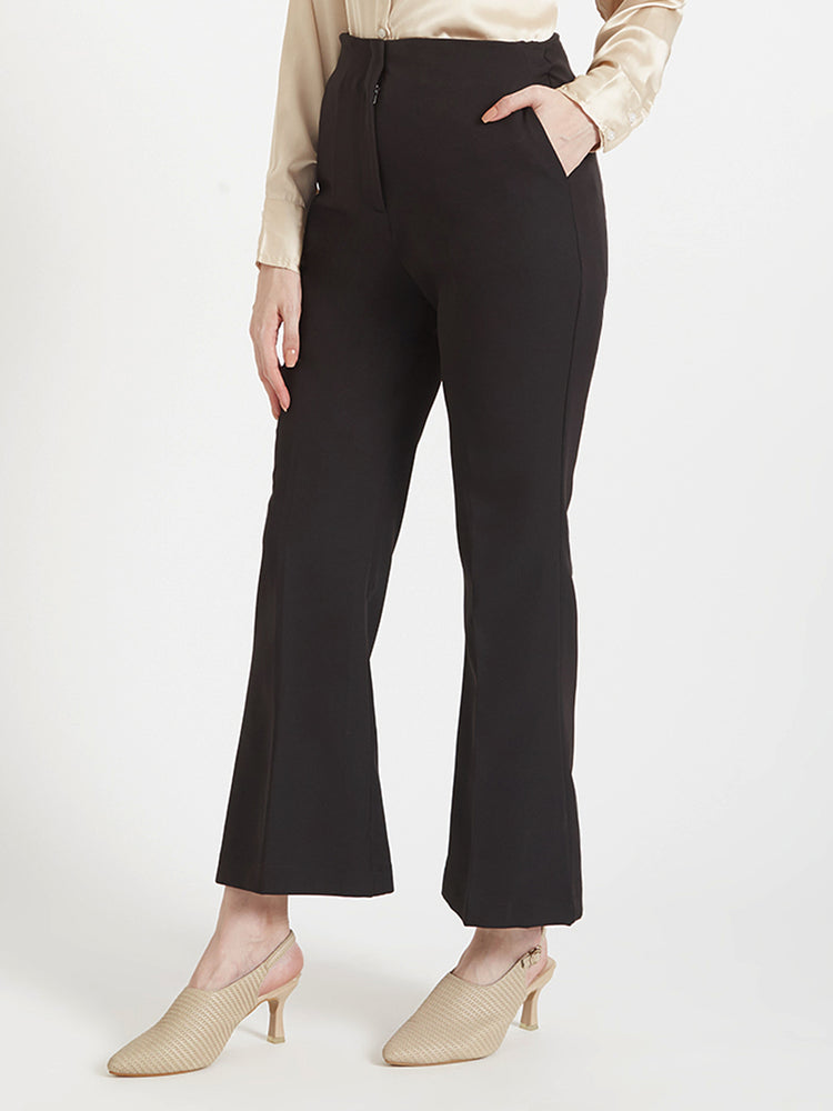 Women'S Luxury Banana Crepe Black Flared Trouser Slash Pocket