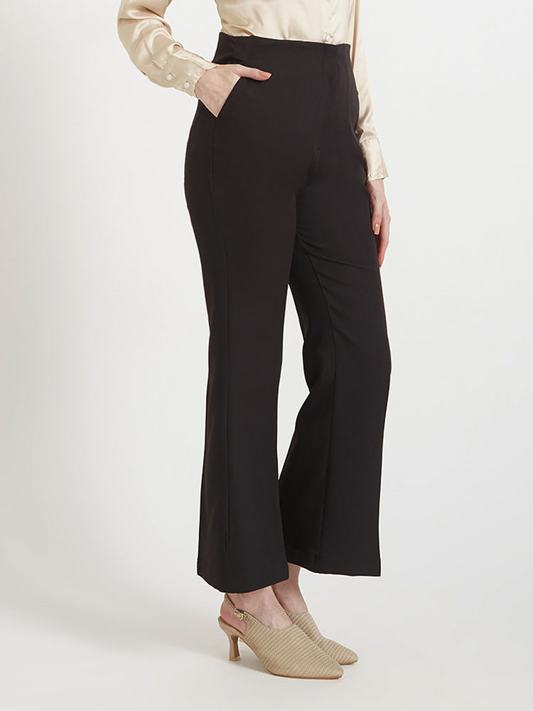 Women'S Luxury Banana Crepe Black Flared Trouser Slash Pocket