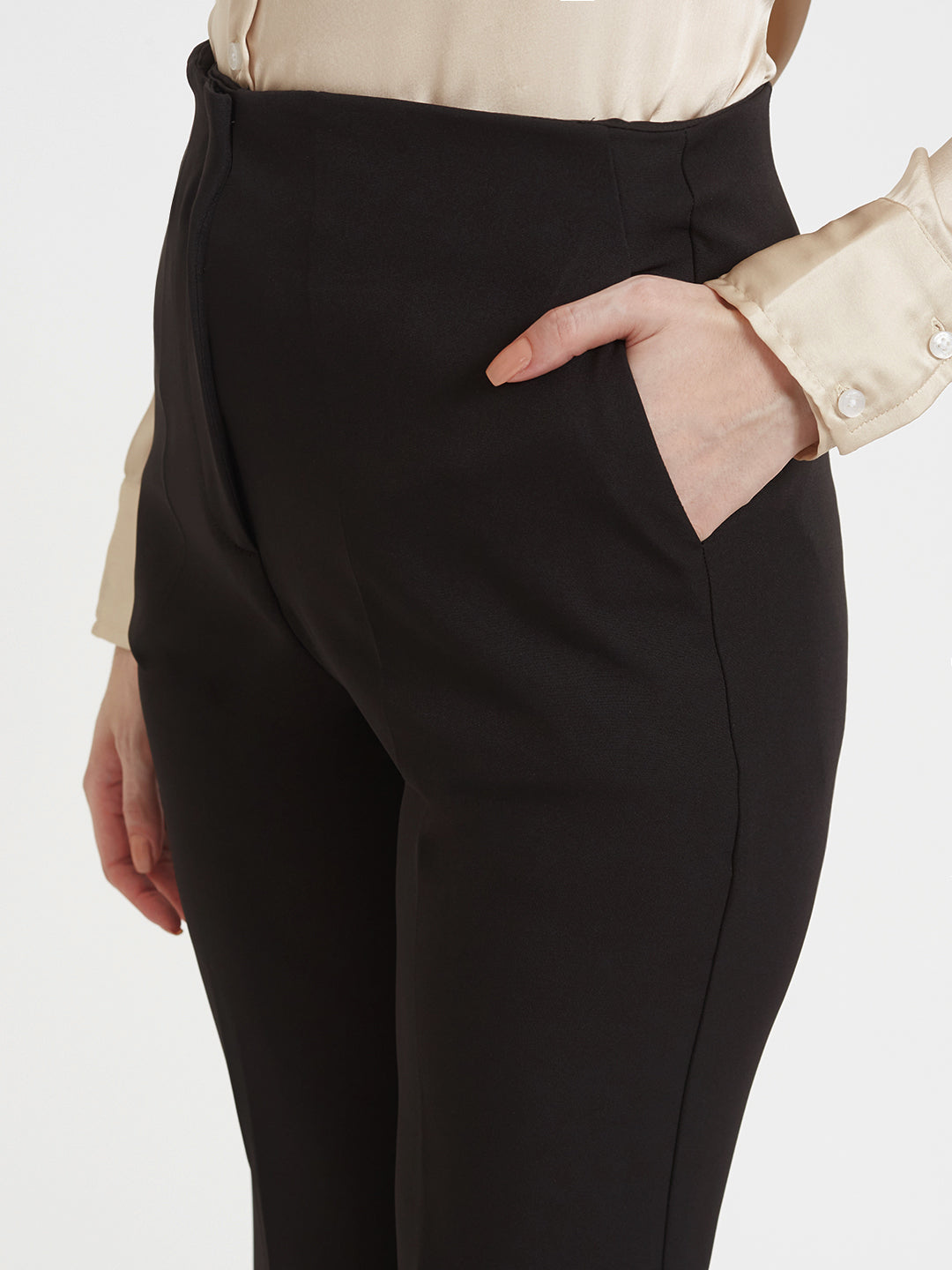Women'S Luxury Banana Crepe Black Flared Trouser Slash Pocket