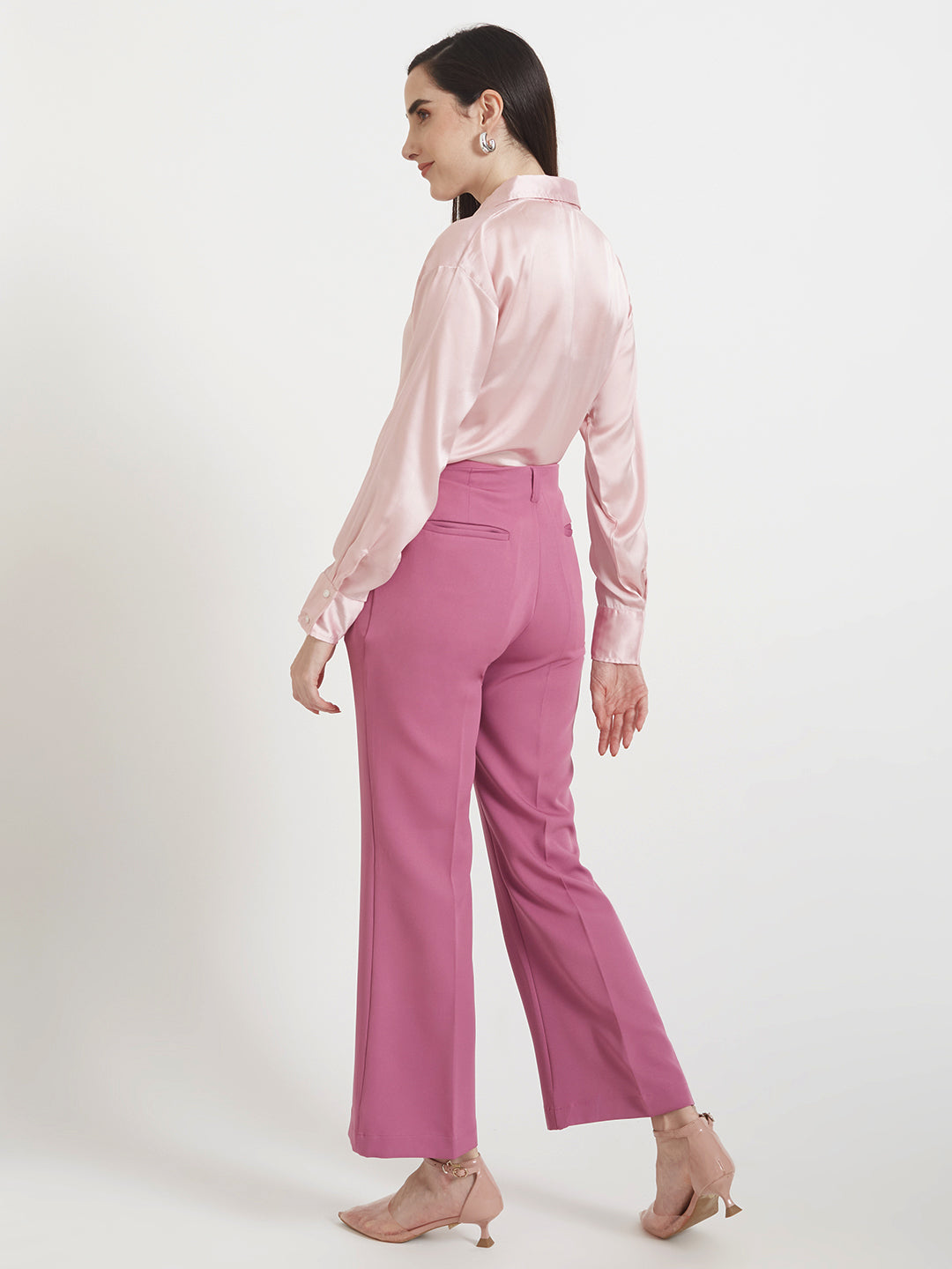 Women's Premium Light Pink Regular Fit Solid Satin shirt with dark pink straight fit trouser