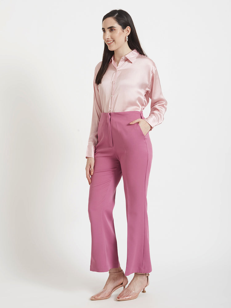 Women's Premium Light Pink Regular Fit Solid Satin shirt with dark pink straight fit trouser