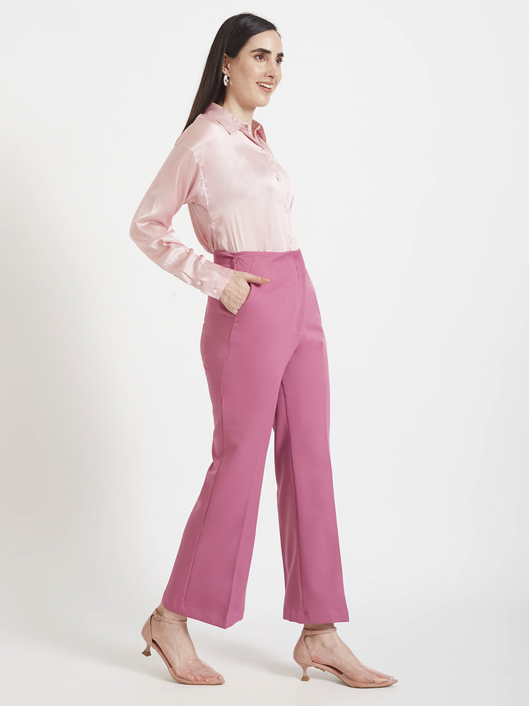 Women's Premium Light Pink Regular Fit Solid Satin shirt with dark pink straight fit trouser