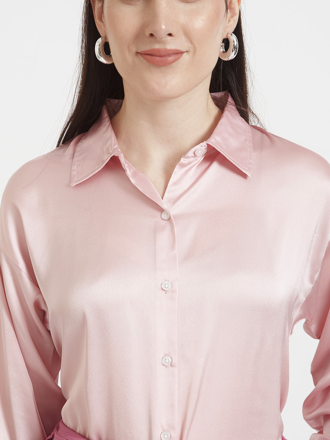 Women's Premium Light Pink Regular Fit Solid Satin shirt with dark pink straight fit trouser