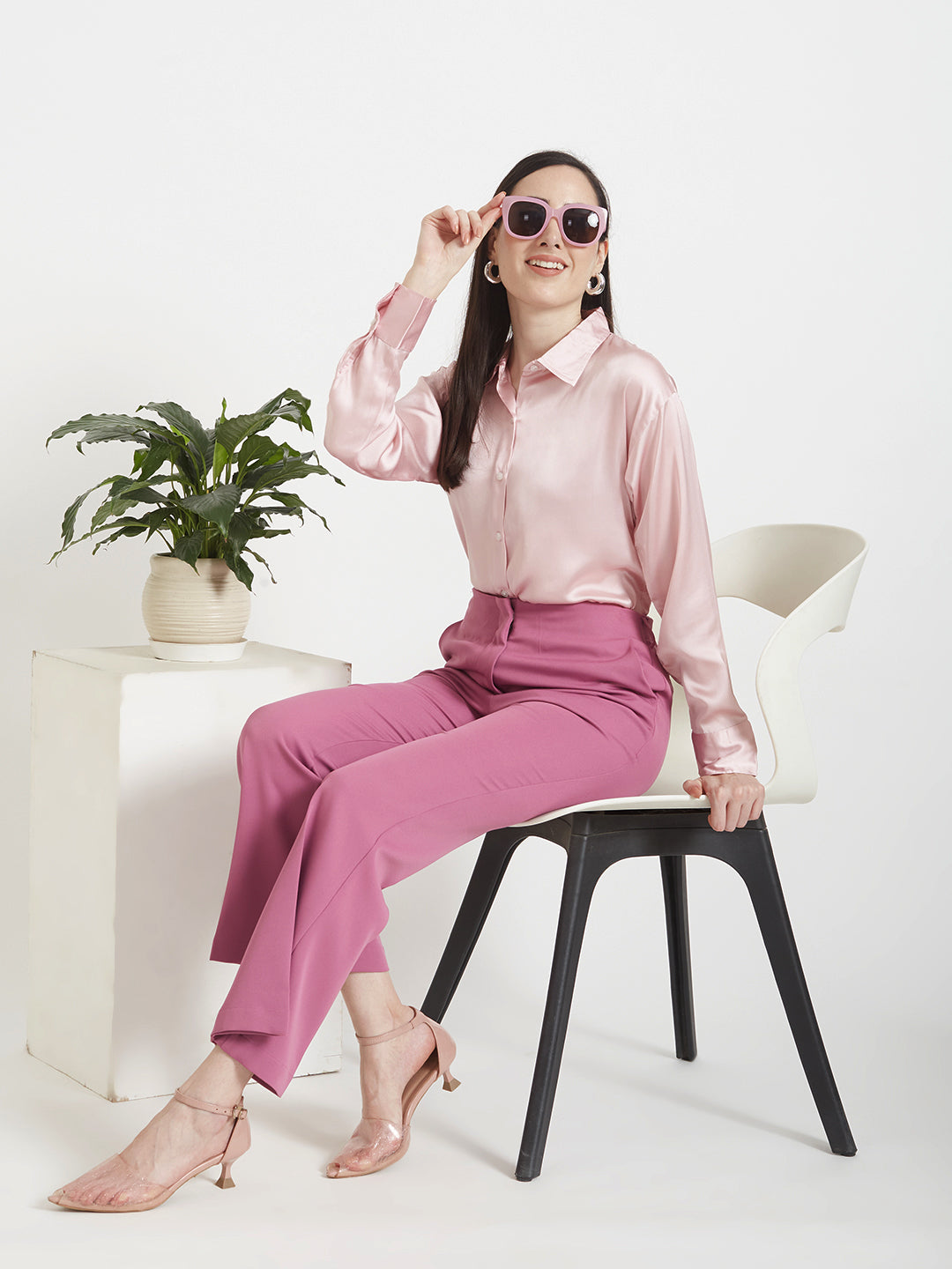 Women's Premium Light Pink Regular Fit Solid Satin shirt with dark pink straight fit trouser