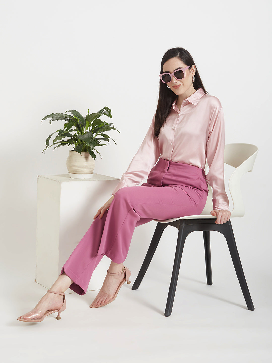 Women's Premium Light Pink Regular Fit Solid Satin shirt with dark pink straight fit trouser