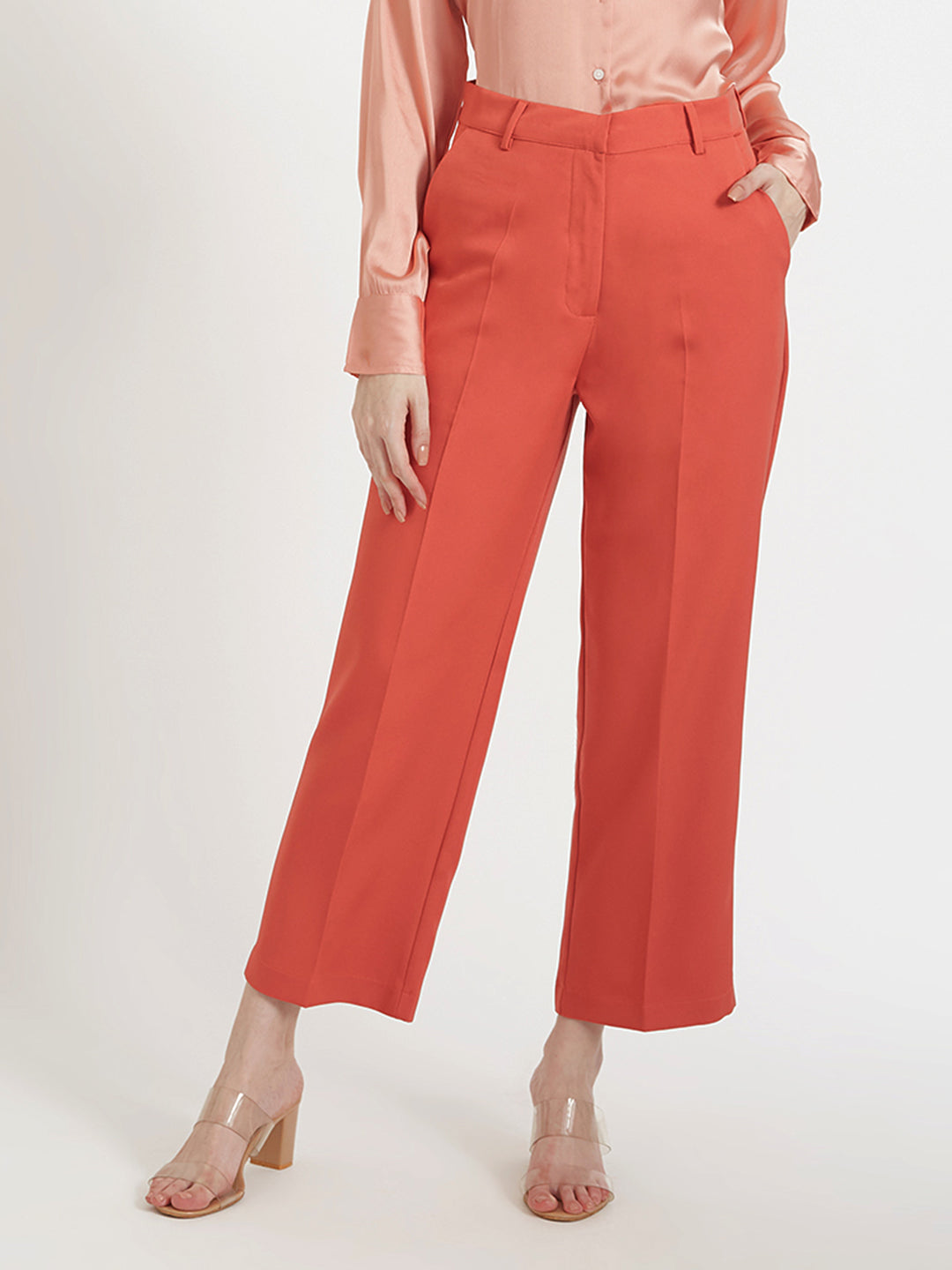 WOMEN'S LUXURY BANANA CREPE RUST RED STRAIGHT FIT WITH FLAP POCKET TROUSER