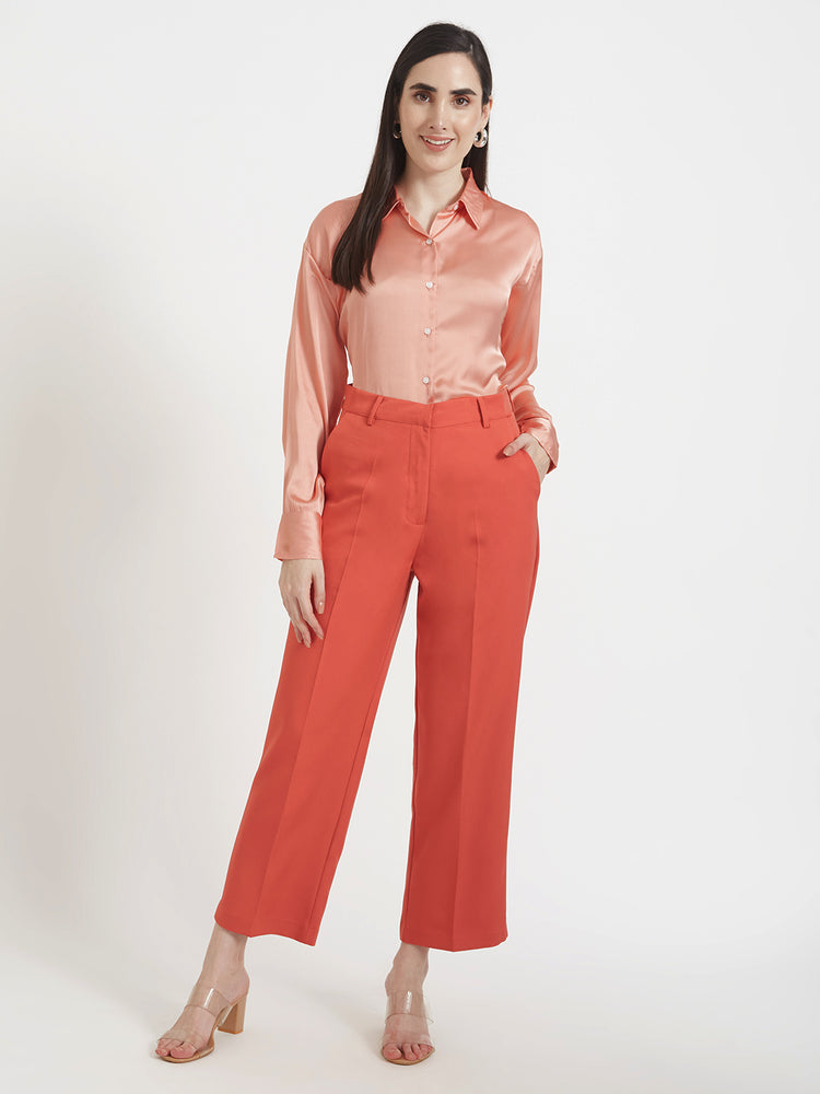 Women's Premium Peachy Pink Drop Shoulder Oversized Satin Shirt With Coral Straight Fit Trouser