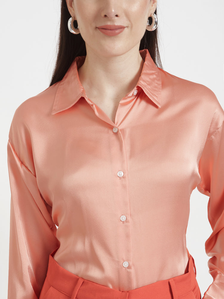 Women's Premium Peachy Pink Drop Shoulder Oversized Satin Shirt With Coral Straight Fit Trouser