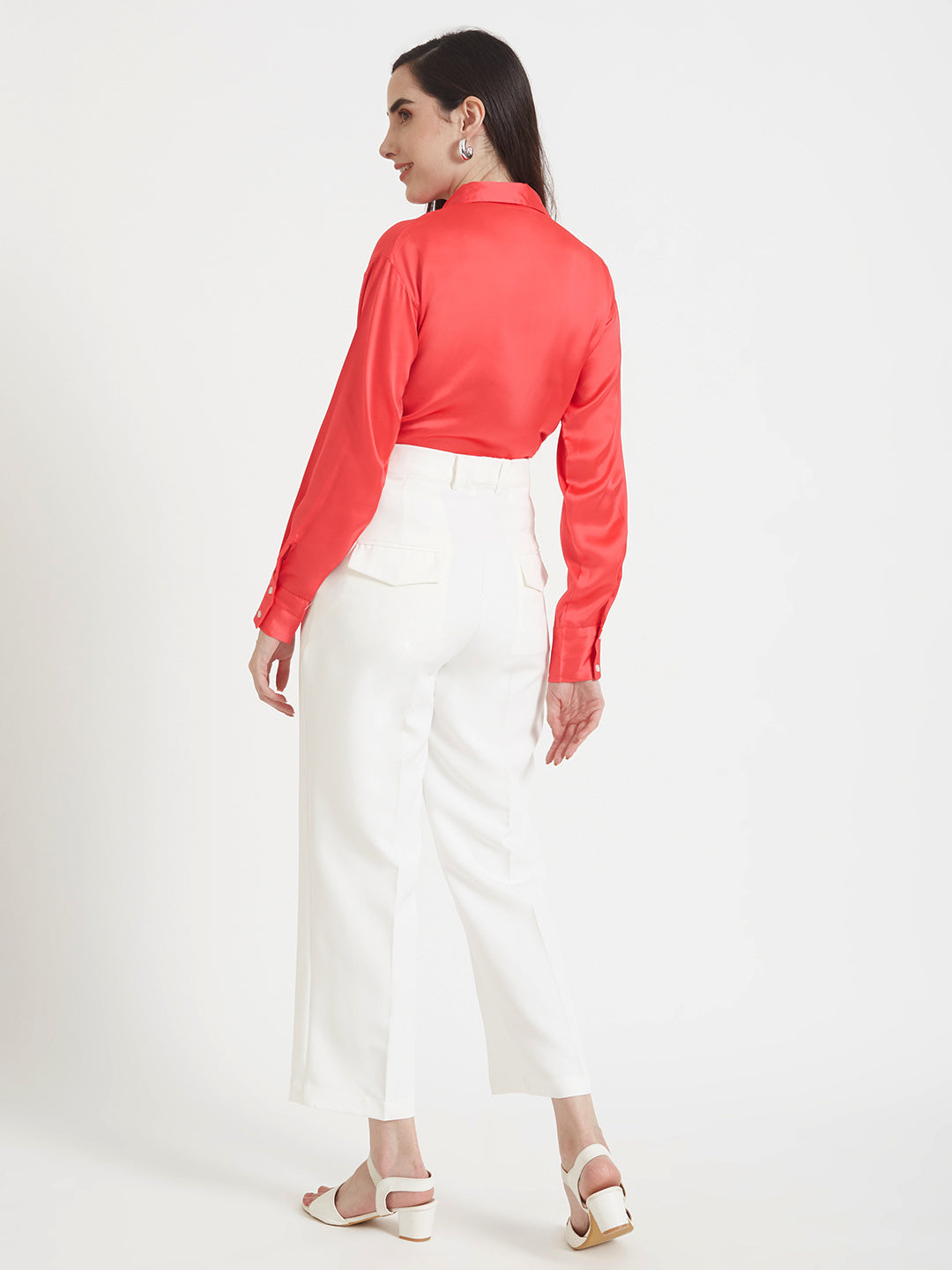 Women's Premium Ruby Pink Regular Fit Solid Satin shirt with white straight fit trouser