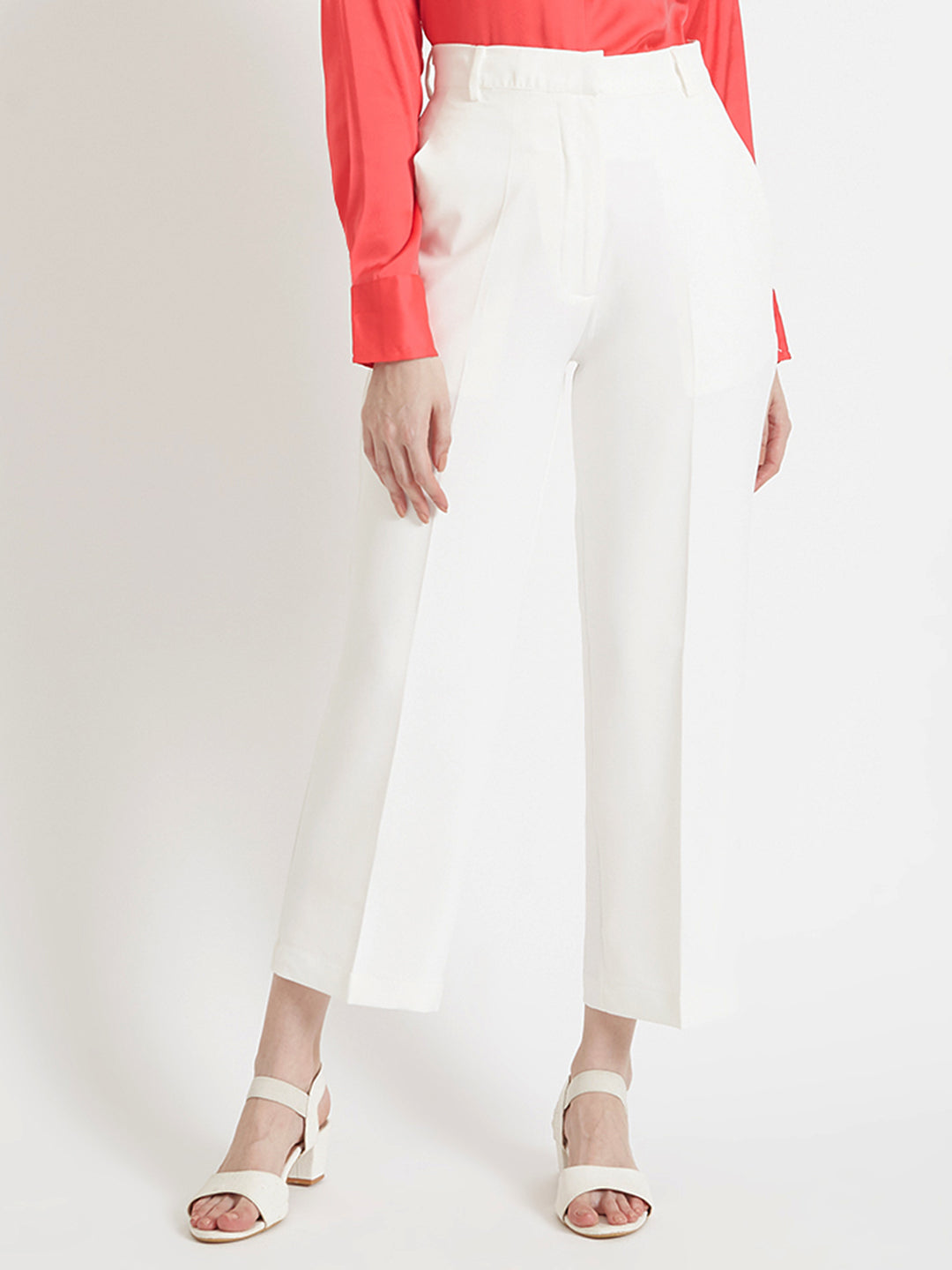 WOMEN'S LUXURY BANANA CREPE OFF WHITE STRAIGHT FIT WITH FLAP POCKET TROUSER