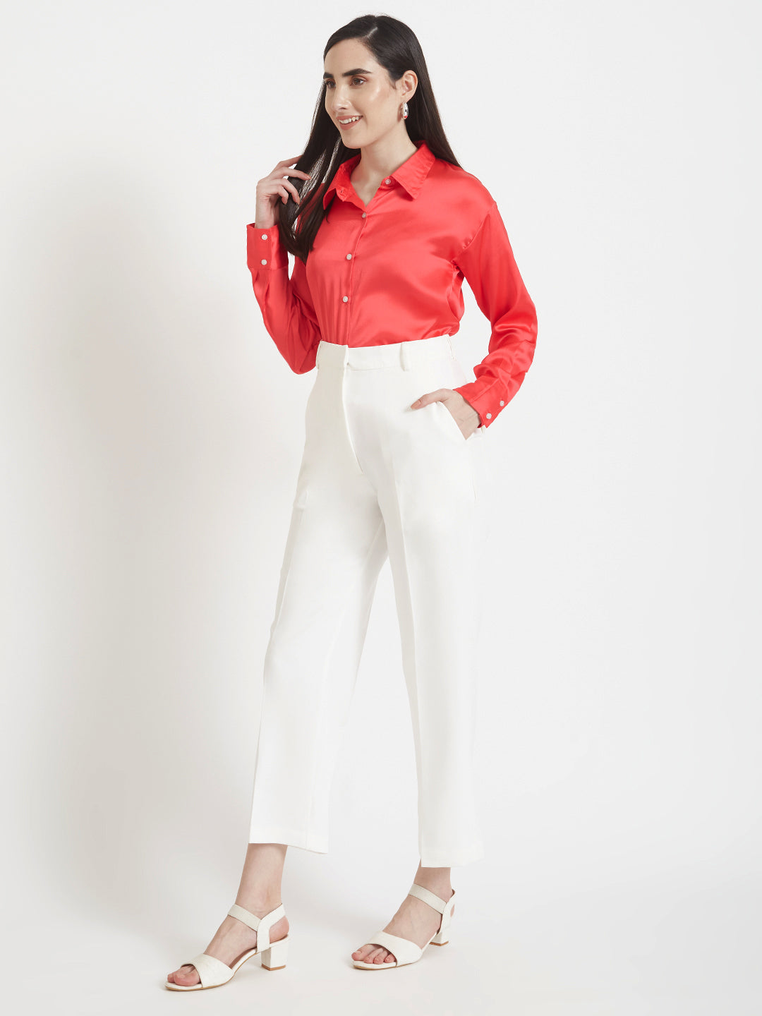 Women's Premium Ruby Pink Regular Fit Solid Satin shirt with white straight fit trouser