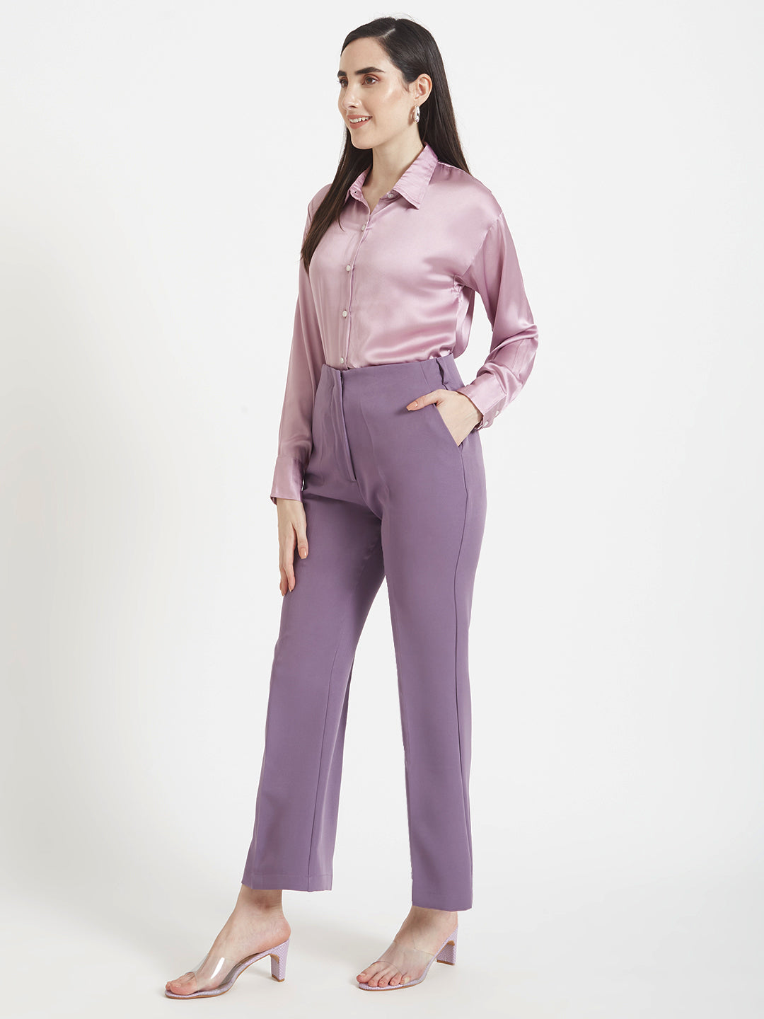 Women's Premium Lilac Drop Shoulder Oversized Satin Shirt With Deep Purple Flared Fit Trouser