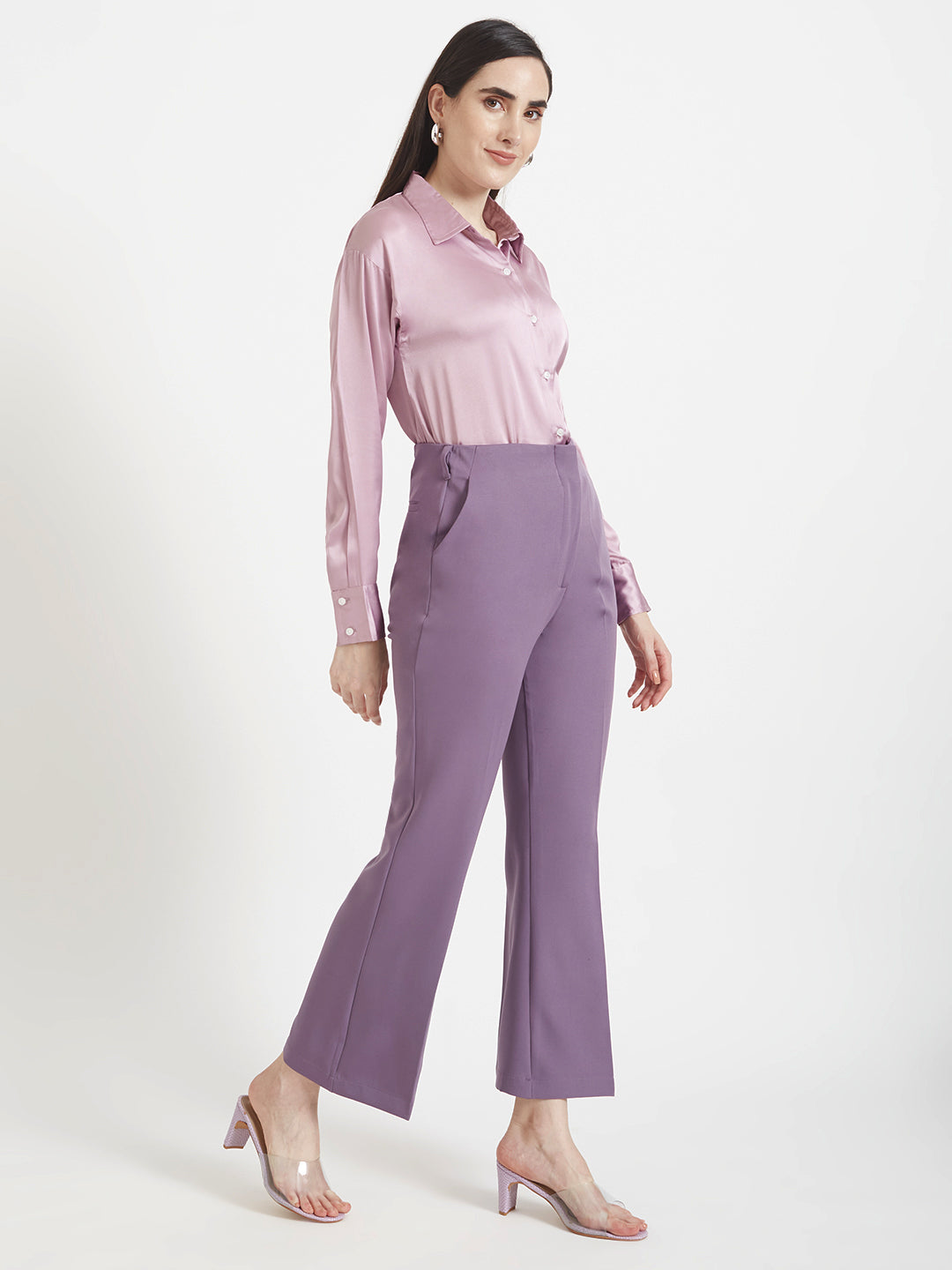 Women's Premium Lilac Drop Shoulder Oversized Satin Shirt With Deep Purple Flared Fit Trouser