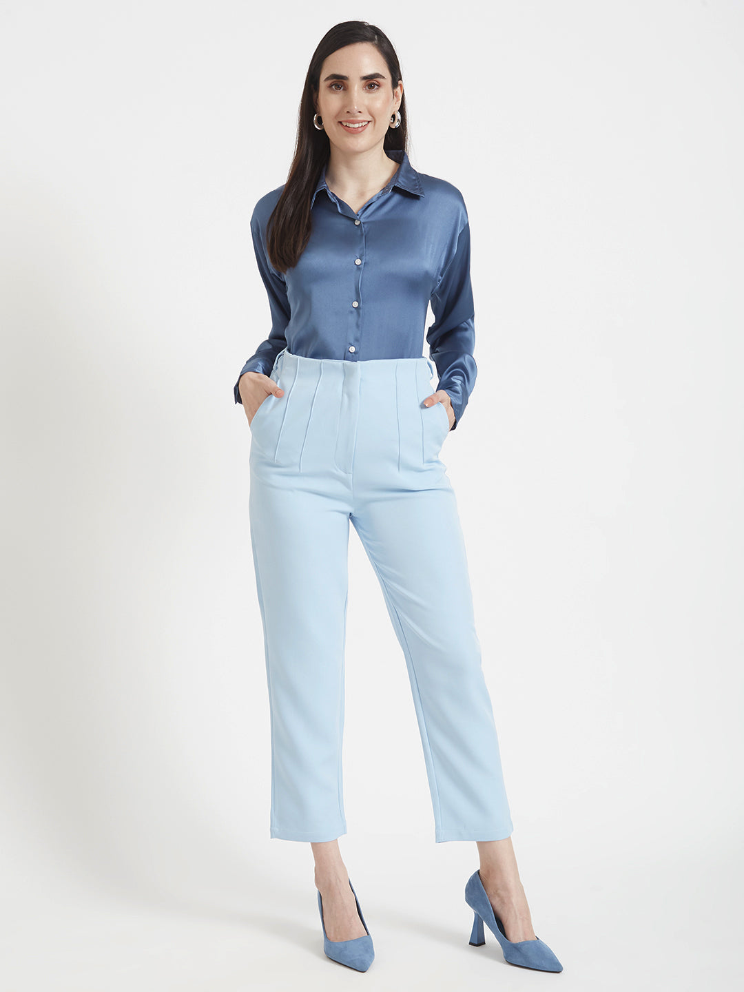 WOMEN'S LUXURY BANANA CREPE ICE BLUE SKIN FIT WITH MULTI PLEATED TROUSER