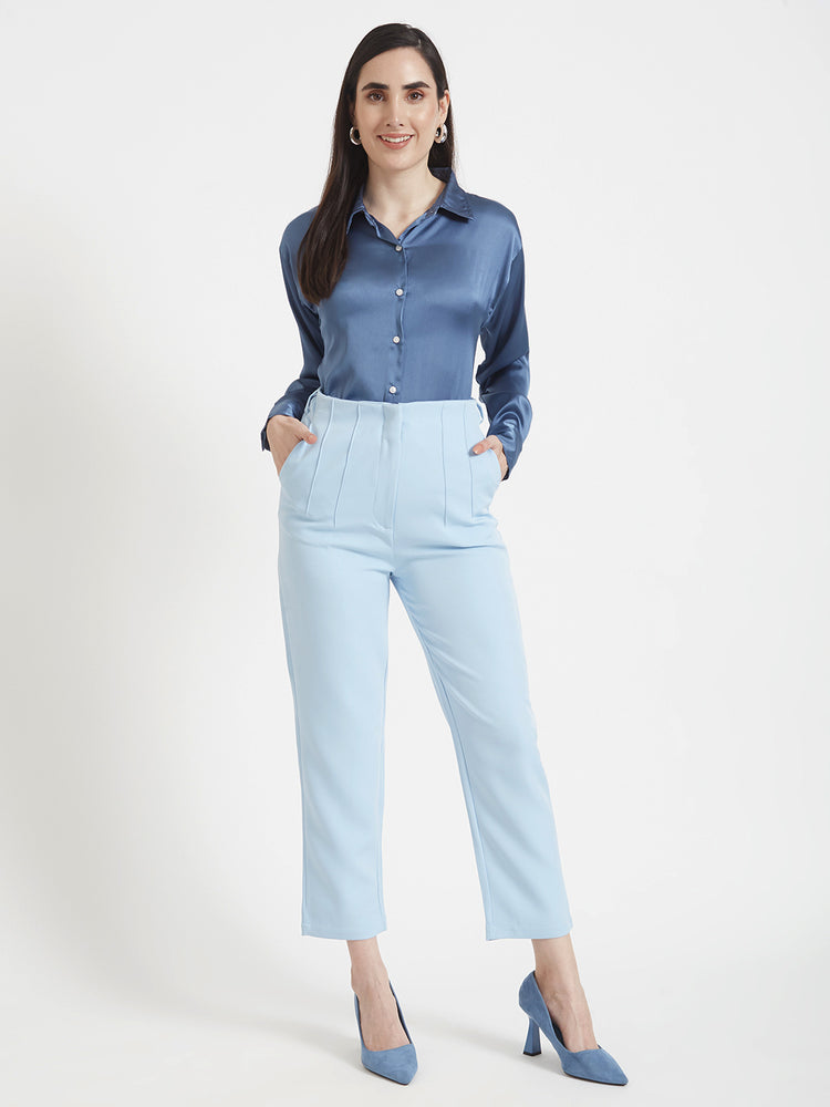 Women's Premium Marble Blue Drop Shoulder Oversized Satin Shirt With Ice Blue Straight Fit Trouser