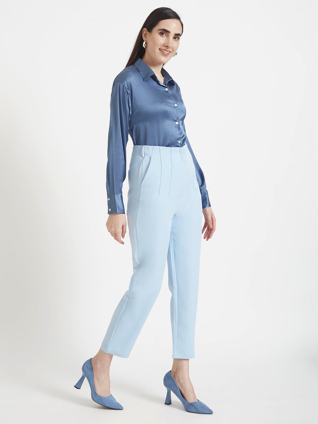 Women's Premium Marble Blue Drop Shoulder Oversized Satin Shirt With Ice Blue Straight Fit Trouser