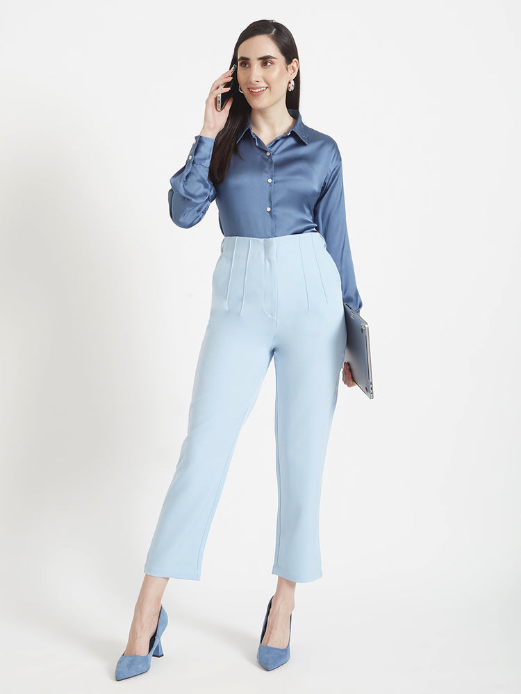 Women's Premium Marble Blue Drop Shoulder Oversized Satin Shirt With Ice Blue Straight Fit Trouser