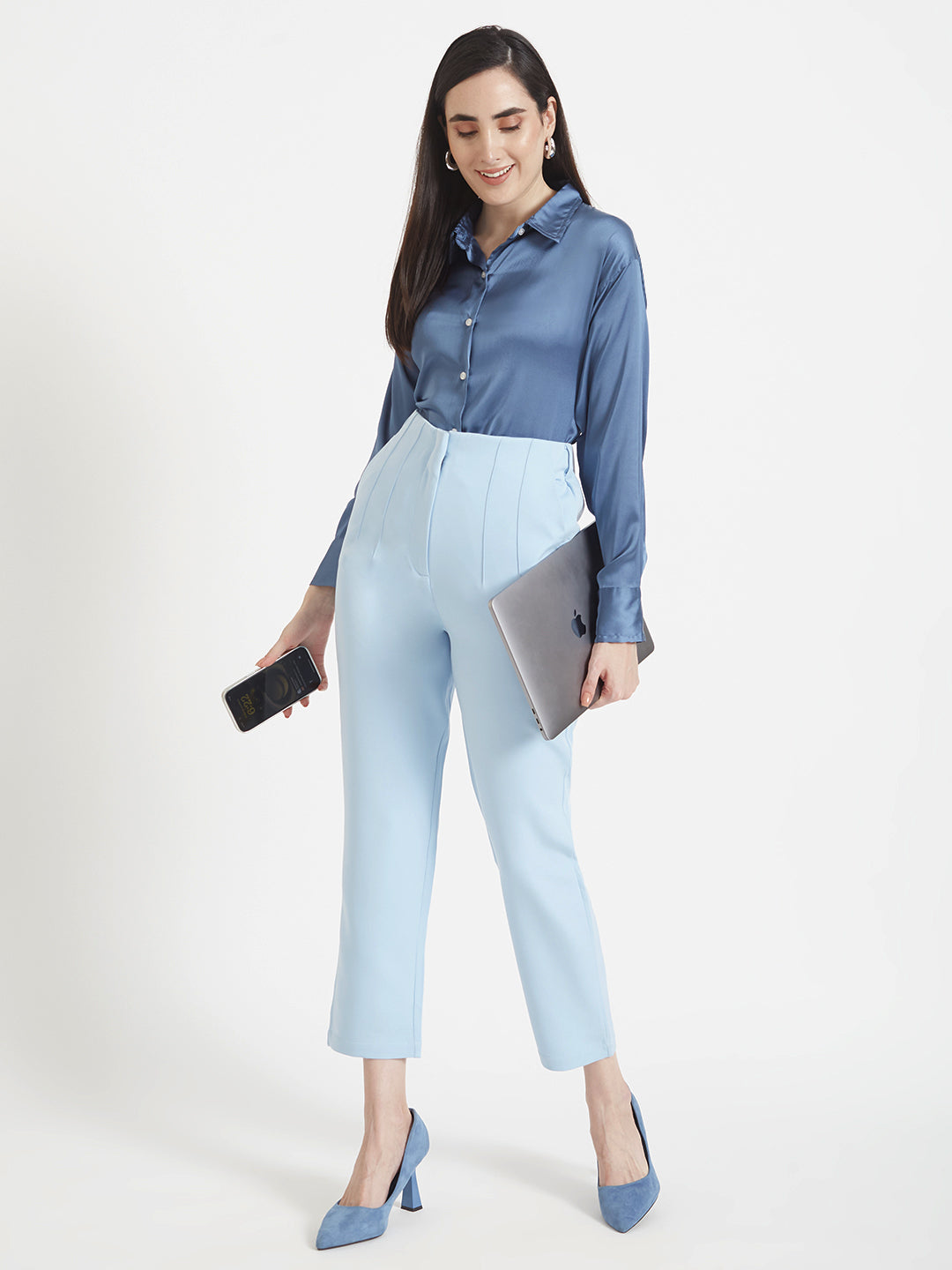 Women's Premium Marble Blue Drop Shoulder Oversized Satin Shirt With Ice Blue Straight Fit Trouser