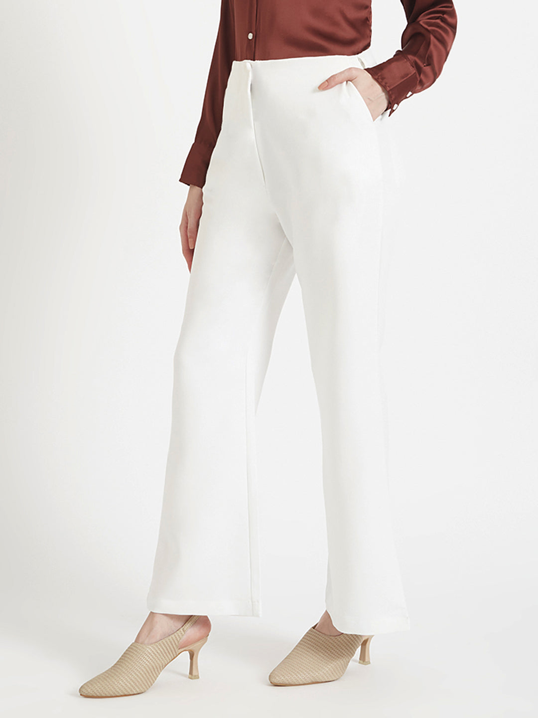 WOMEN'S LUXURY BANANA CREPE OFF WHITE FLARED TROUSER WITH SLASH POCKET