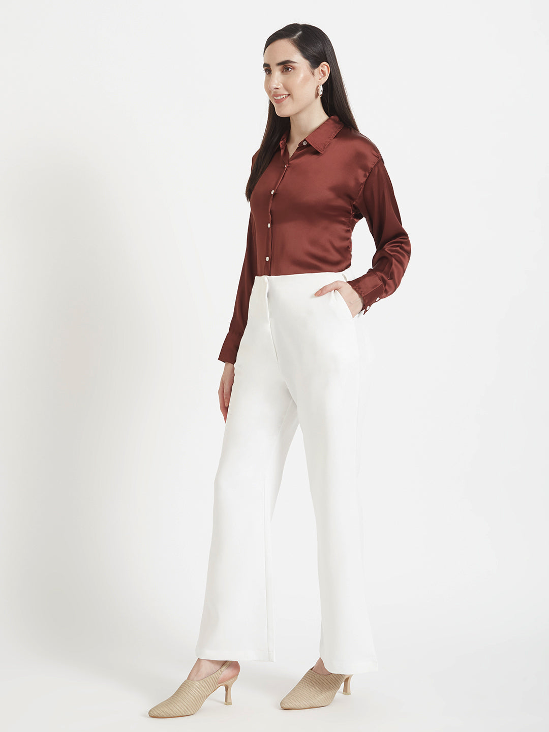 Women's Premium Chocolate Brown Regular Fit Solid Satin shirt With White Flared Trouser