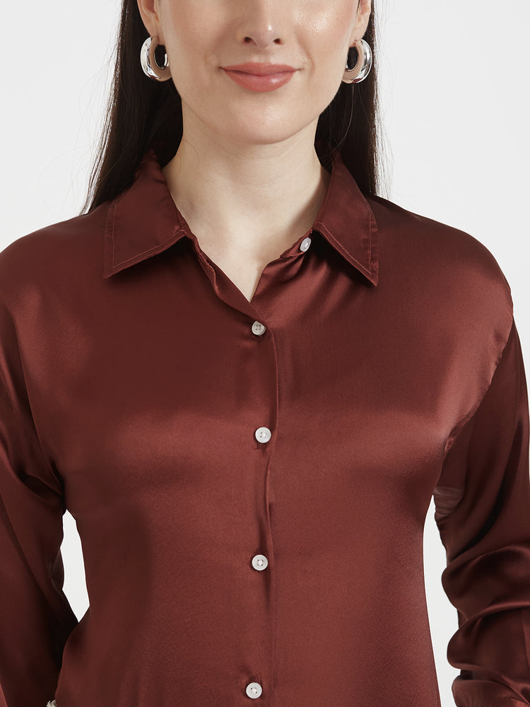 Women's Premium Chocolate Brown Regular Fit Solid Satin shirt With White Flared Trouser