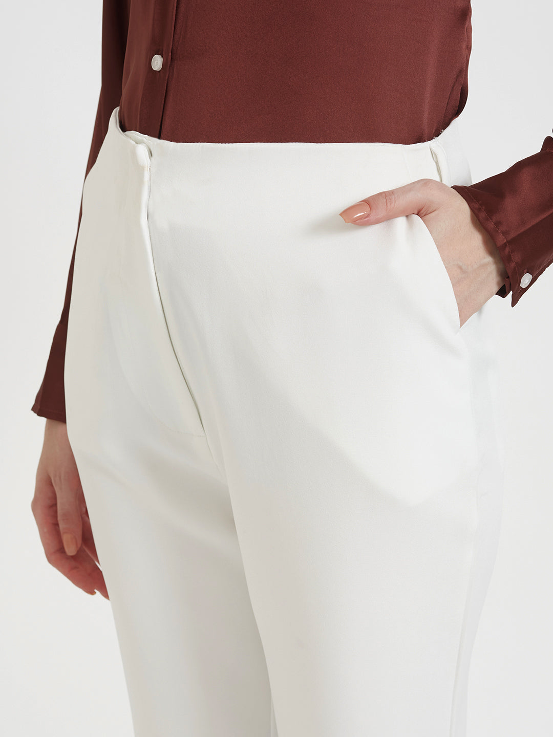 WOMEN'S LUXURY BANANA CREPE OFF WHITE FLARED TROUSER WITH SLASH POCKET