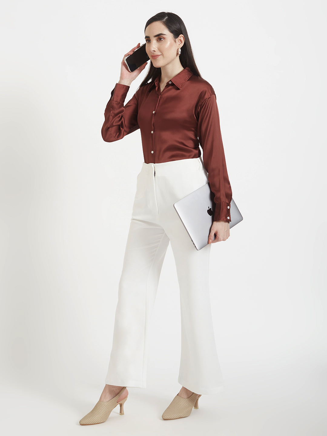 Women's Premium Chocolate Brown Regular Fit Solid Satin shirt With White Flared Trouser