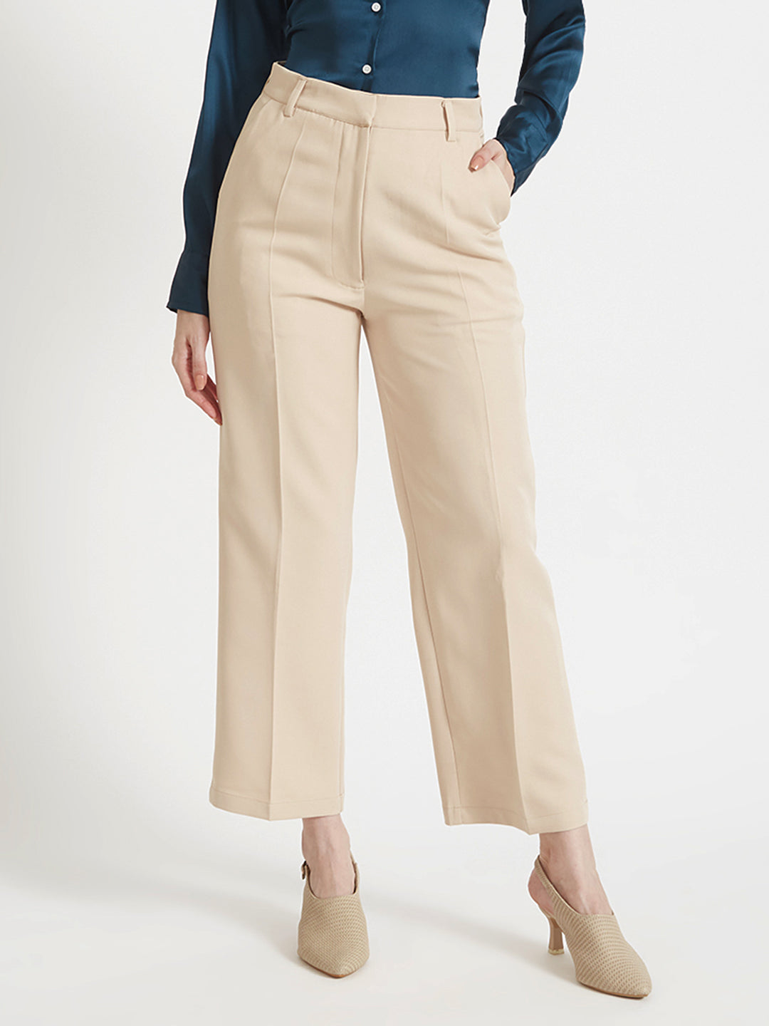 WOMEN'S LUXURY BANANA CREPE FAWN STRAIGHT FIT WITH FLAP POCKET TROUSER