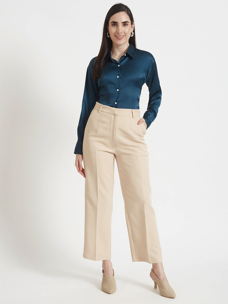 Women's Premium Deep Teal Regular Fit Solid Satin shirt With Beige Flared Fit Trouser