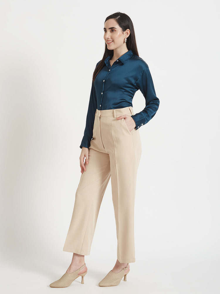 Women's Premium Deep Teal Regular Fit Solid Satin shirt With Beige Flared Fit Trouser