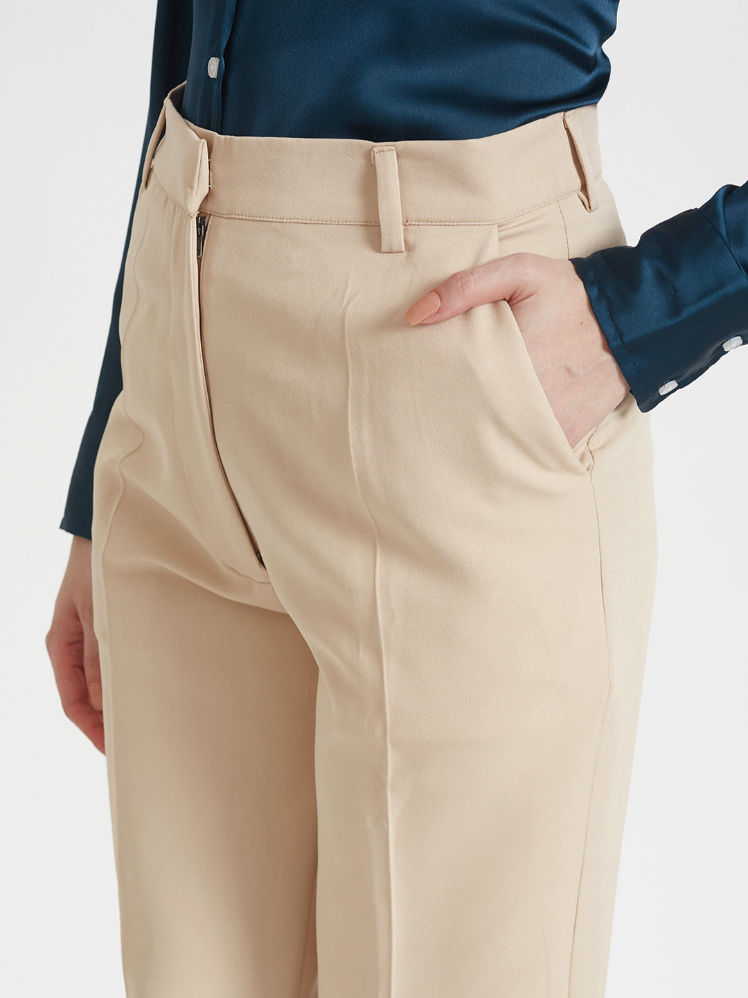 WOMEN'S LUXURY BANANA CREPE FAWN STRAIGHT FIT WITH FLAP POCKET TROUSER