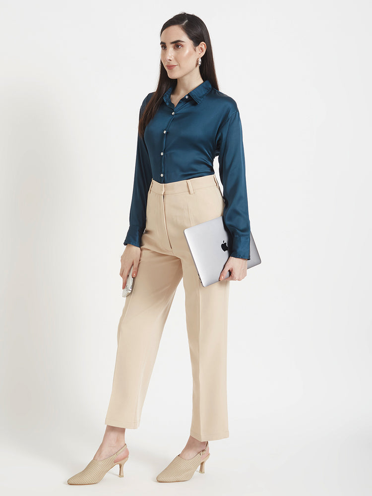 Women's Premium Deep Teal Regular Fit Solid Satin shirt With Beige Flared Fit Trouser