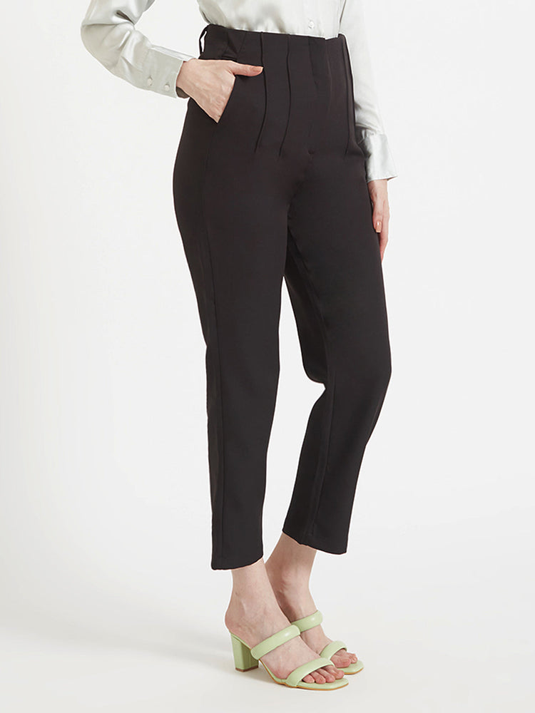 Women'S Luxury Banana Crepe Black Skin Fit Multi Pleated Trouser