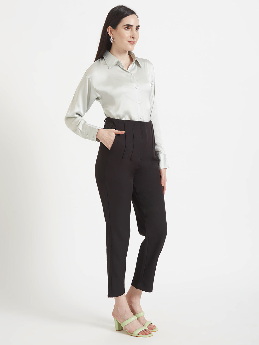 Women's Premium Steel Grey Regular Fit Solid Satin shirt With Black Pleated Trouser