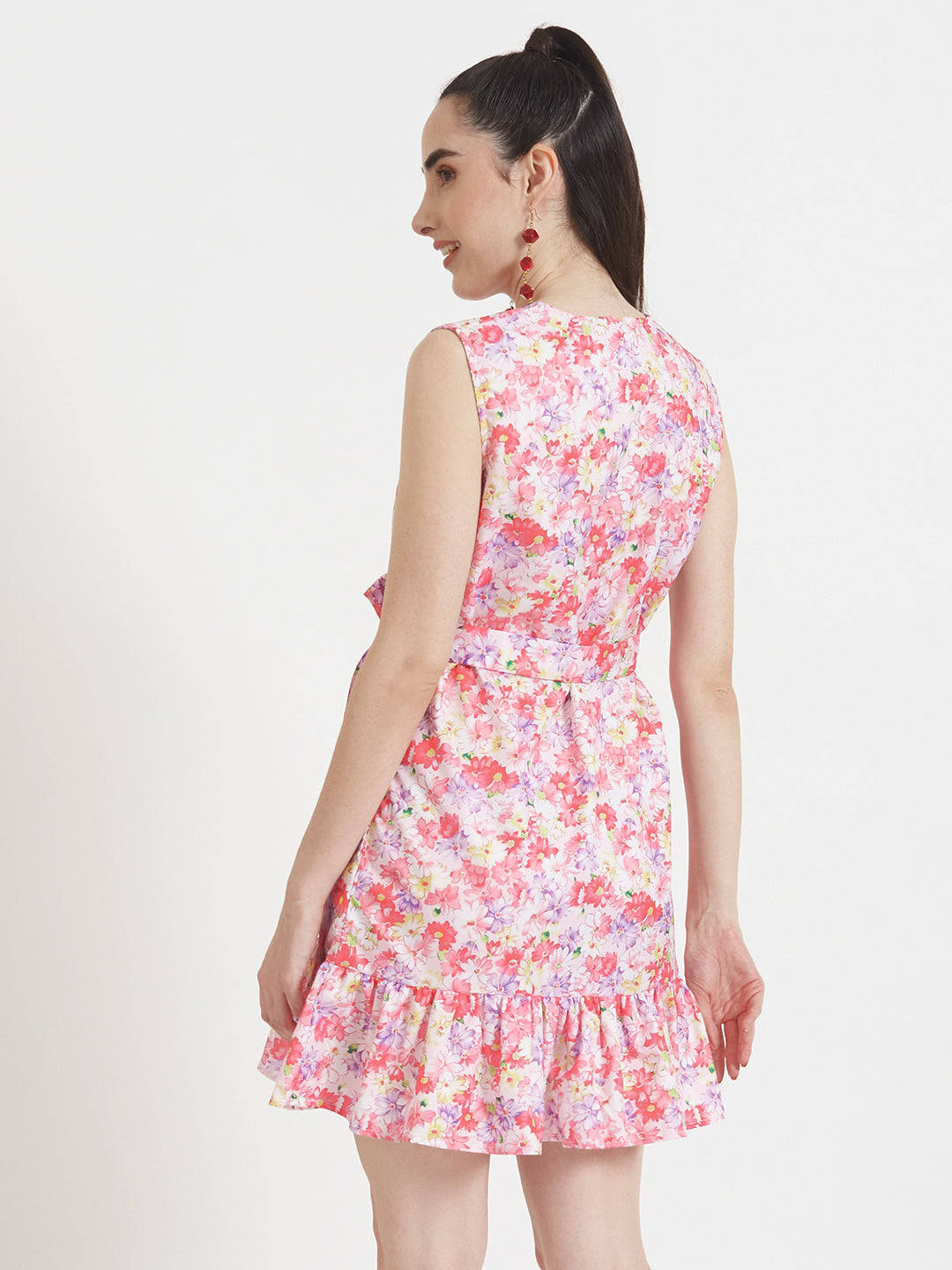 Premium Micro Digital Print V Neck Flare Dress With Slash Pocket
