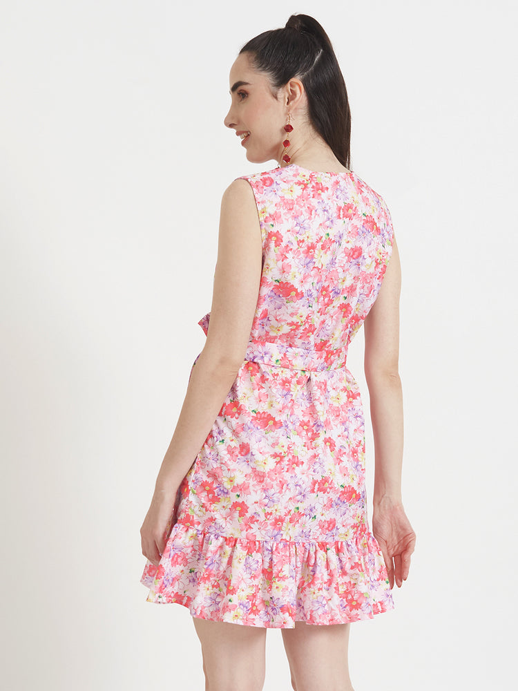 Premium Micro Digital Print V Neck Flare Dress With Slash Pocket