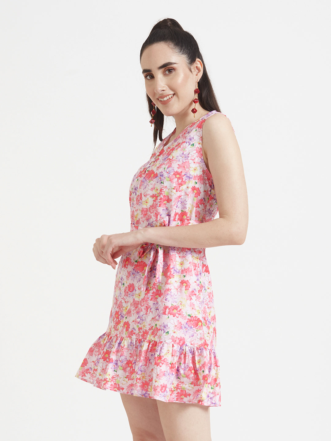 Premium Micro Digital Print V Neck Flare Dress With Slash Pocket