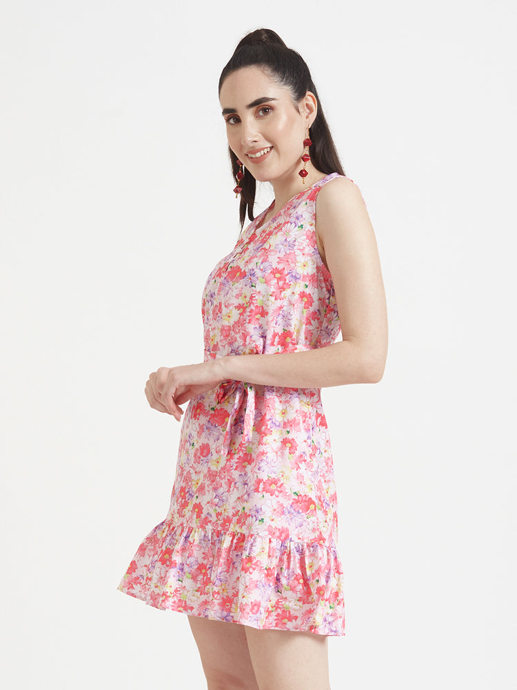 Premium Micro Digital Print V Neck Flare Dress With Slash Pocket