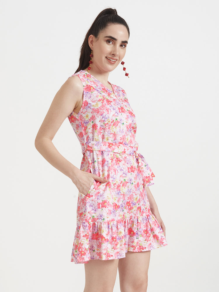 Premium Micro Digital Print V Neck Flare Dress With Slash Pocket