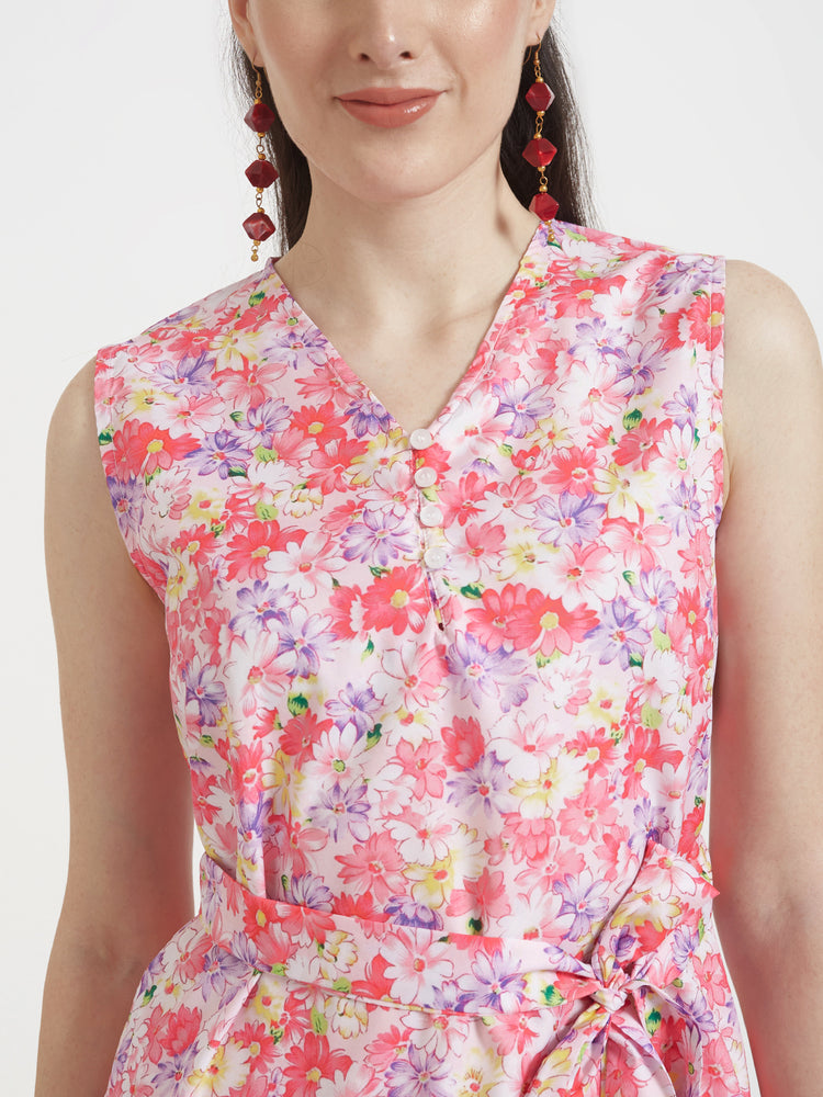 Premium Micro Digital Print V Neck Flare Dress With Slash Pocket