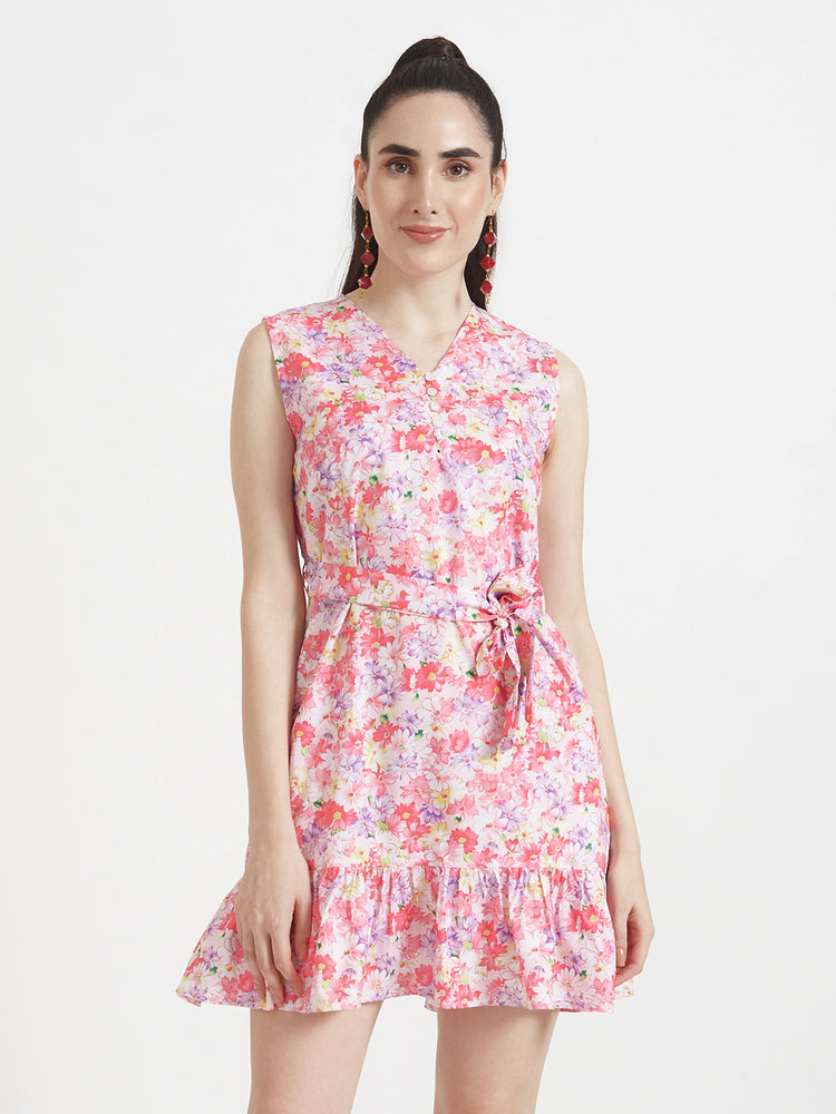 Premium Micro Digital Print V Neck Flare Dress With Slash Pocket